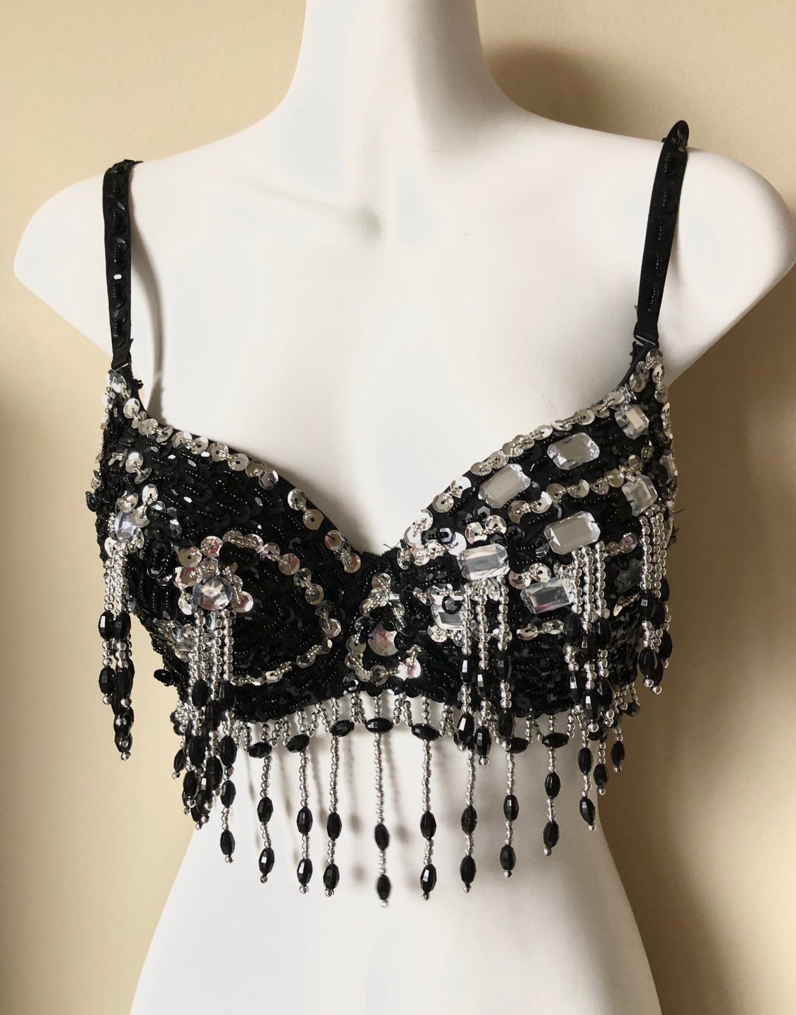 Belly Dance Sequin Beaded Hand Made Bra Top Black Silver 