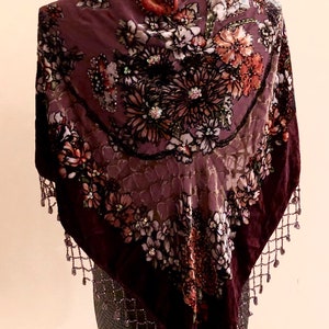 Handmade silk velvet beaded floral pattern triangle shawl - plum