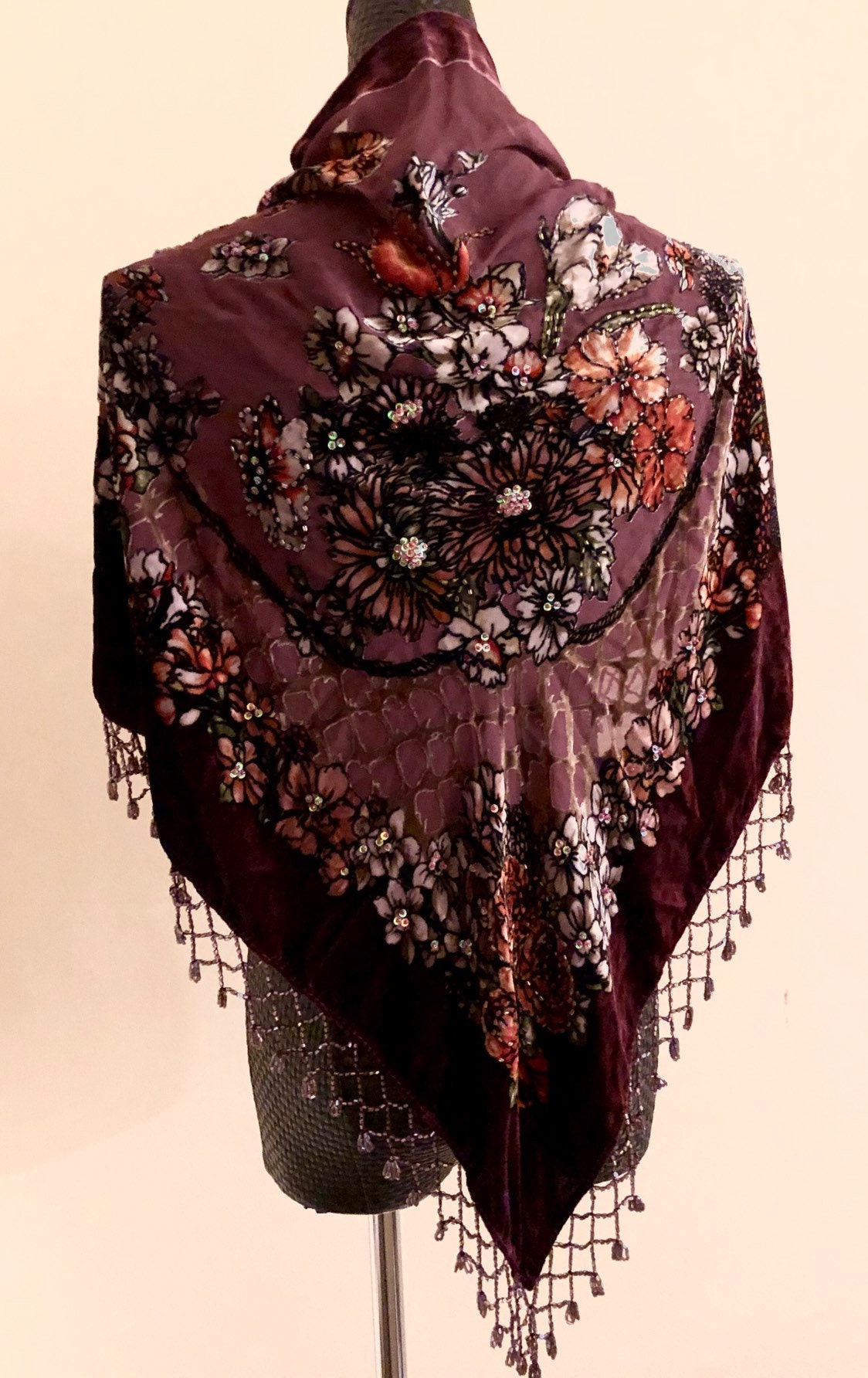 Handmade Silk Velvet Beaded Floral Pattern Triangle Shawl Plum - Etsy