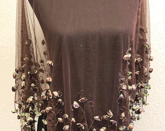 Unique Rose  handmade beaded lace poncho cape - Brown