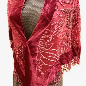 Cruise Hand Beaded Big Floral patterned triangle 100% Silk with velvet shawl hip wrap with beaded Tassels - Burgundy
