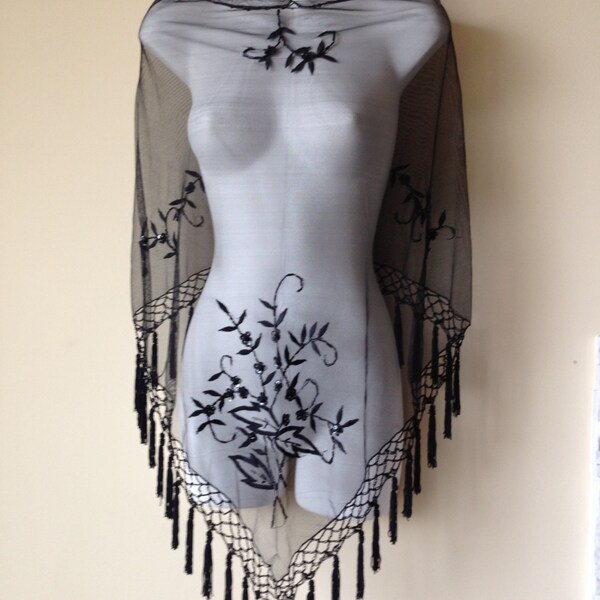 Fashionable Stylish Sheer Beaded & Embroidered Flowers Poncho/Cape - Black