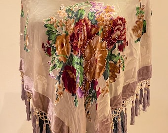 Unique, handmade  silk burnout velvet beaded Cranes poncho - beige