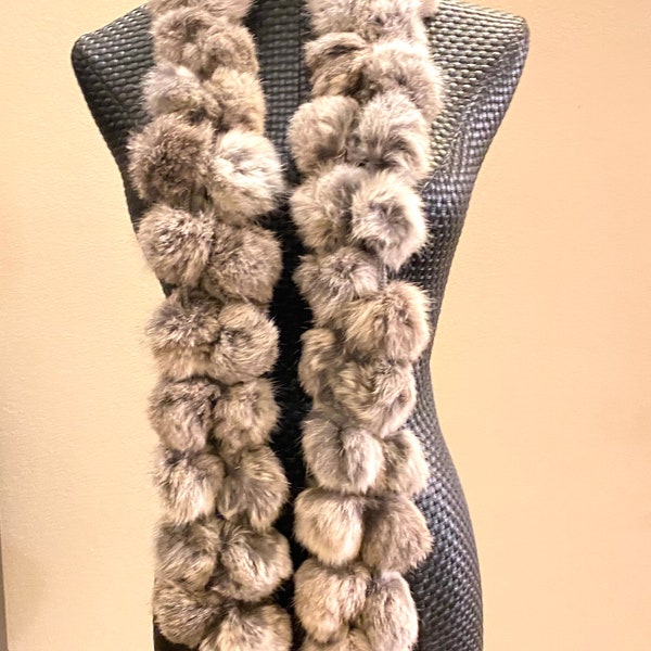 Rabbit fur 2 rows ball pom pom scarf shawl - natural grey
