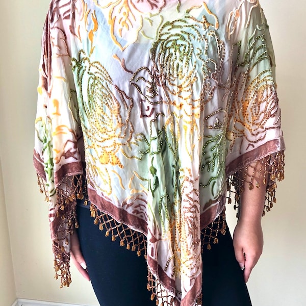 Women Vintage tie-dyed Rose Floral Silk Burnout Velvet Handmade Beaded with tassels Poncho - beige