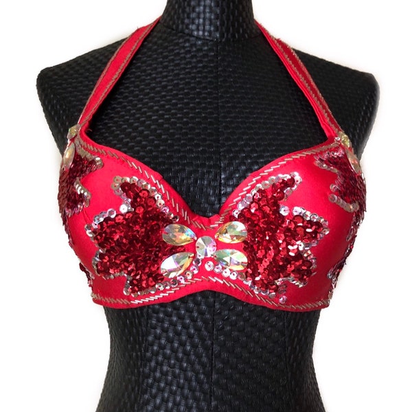 Tribal Belly Dance Crystal Costume Top Bra Sequins Beads - Red