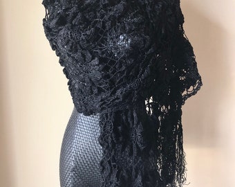 Cruise Handmade Crochet floral cape oblong shawl scarf - Black