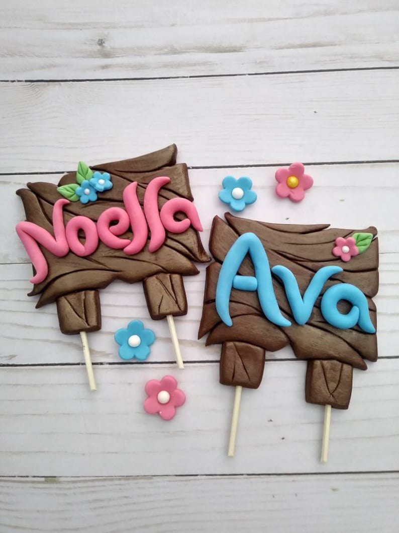 Puede incluir: Dos adornos para tartas con los nombres "Noella" y "Ava" en rosa y azul, respectivamente, sobre letreros de madera marr&oacute;n. Los letreros est&aacute;n decorados con flores azules y rosas. Los adornos est&aacute;n sobre palitos.