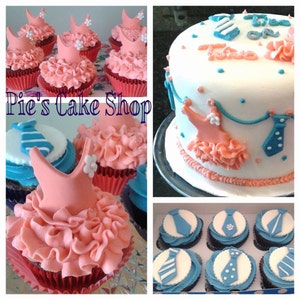 Gender Reveal Baby Shower Fondant toppers, Ties & Tutus Boy/Girl SET of 12, edible