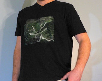 Machine Washable Men's Hand Printed Graphic T-Shirt, Custom V- Neck Gym Tee, Upcycled Black Cotton Tee