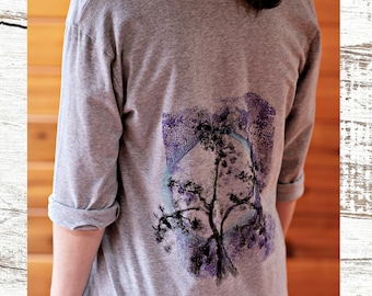 Women's UpCycled Print Shirt, Casual Scoop Neck Top with Beautiful Tree Graphic, Easy Fit Flattering Top