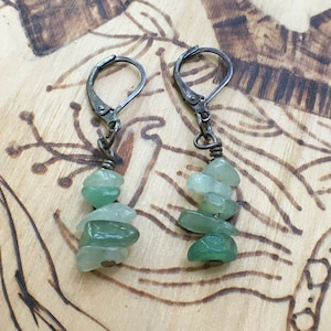 Wire Wrapped simple Stone Green Aventurine Dangly Earrings - Gold Green Aventurine Earrings - Antique Copper Green Aventurine Stone Earrings