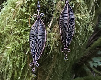 Wire Wrapped Leaf Earrings: Antique Copper Peridot Dangles