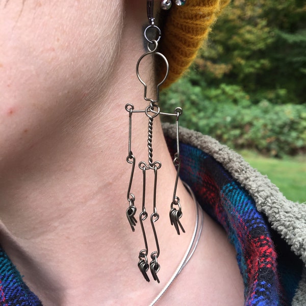 Hematite Dangly Wire Wrapped Skeleton Earrings - Wire Art Earrings - Unique Halloween Earrings - Halloween Jewelry - Skeleton Wire Weave Art