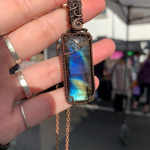 Labradorite Spider Web Pendant Wire Wrapped in Antique Copper