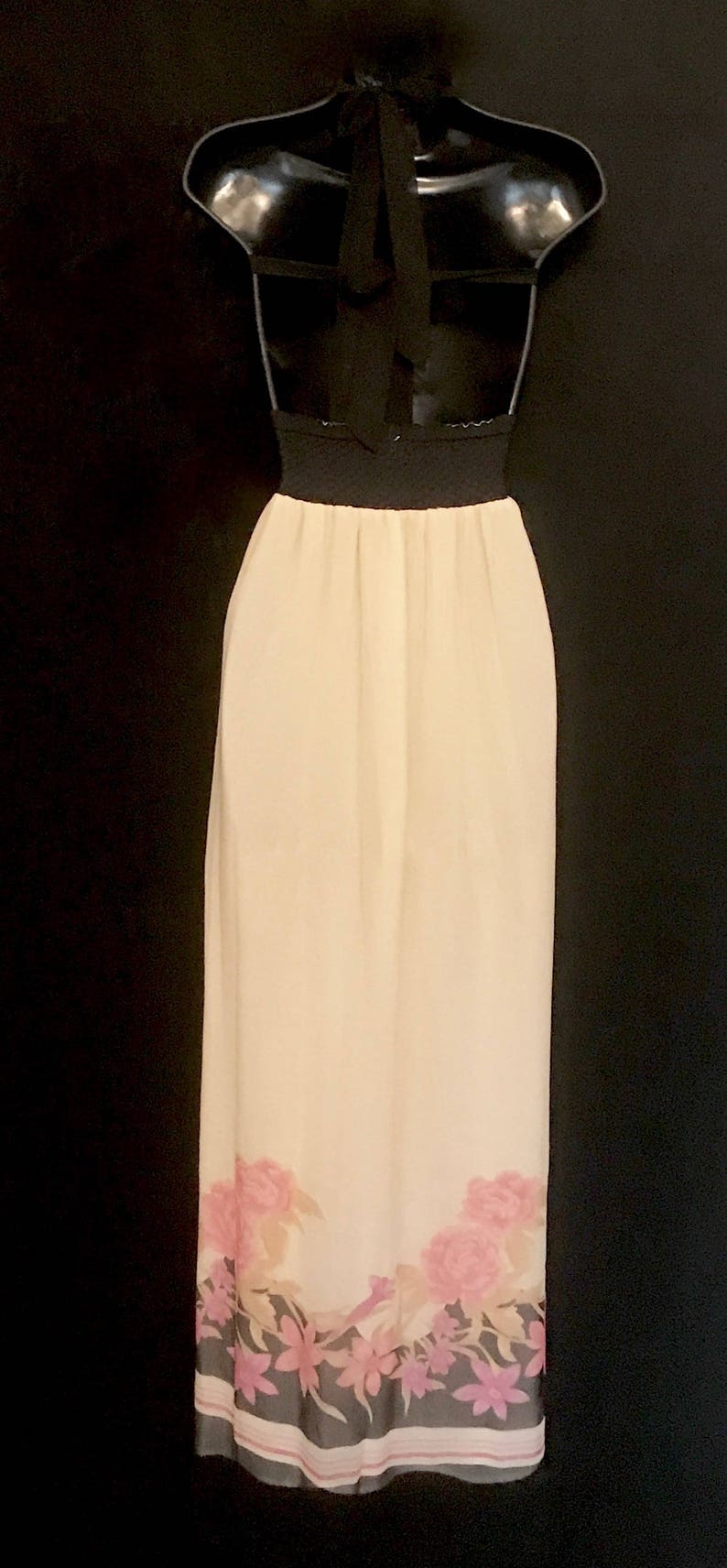 A 70s Black and Ivory Chiffon Halter Maxi VG314