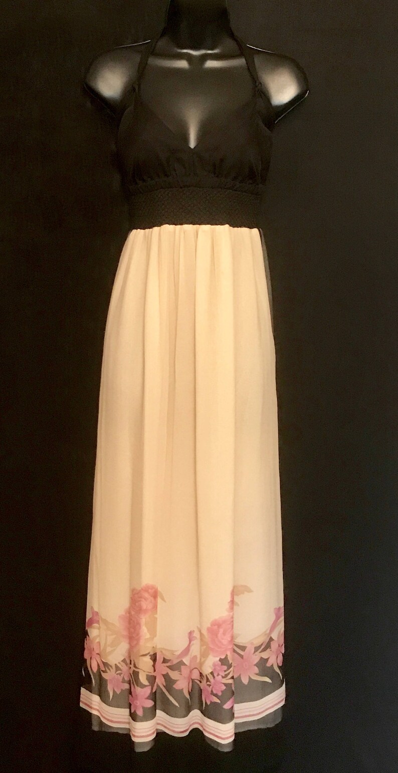 A 70s Black and Ivory Chiffon Halter Maxi VG314