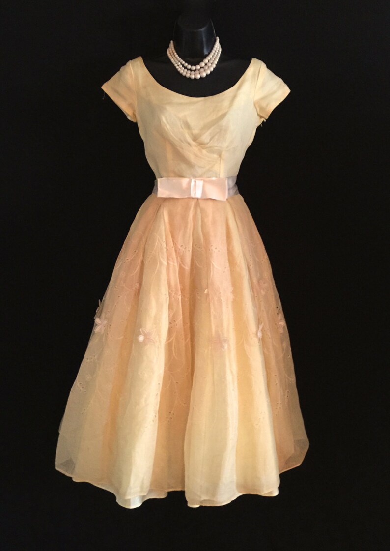 50/'s Pale Yellow Chiffon Cup Cake Dress VG73