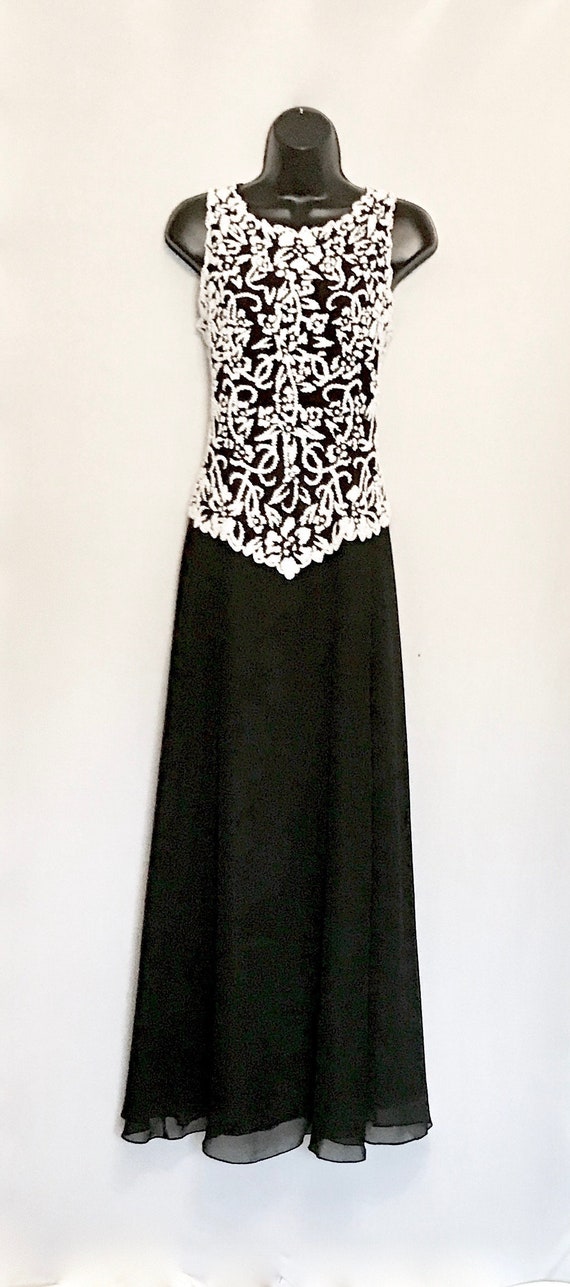 Black with White Beaded Evening Gown VG427