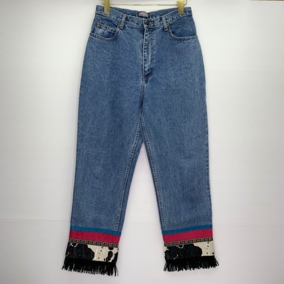 Vintage Denim 90s Mom Jeans Cow Print Fringe Hem