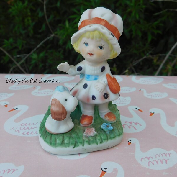 Vintage Ceramic Girl With Her Dog Figurine, Made in Taiwan Little Girl With Her Dog, Kitsch Figurines,  Knick Knacks, Vintage Figurines