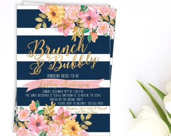 Navy and Floral Bridal Shower Invitation, Navy and Floral Bridal Shower Invite, Navy Stripe Bridal Shower Invitation, Floral Bridal Shower