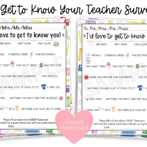 All about teacher printable, all about teacher instant download, teacher survey, get to know my teacher, back to school printable download