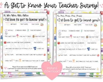 All about teacher printable, all about teacher instant download, teacher survey, get to know my teacher, back to school printable download