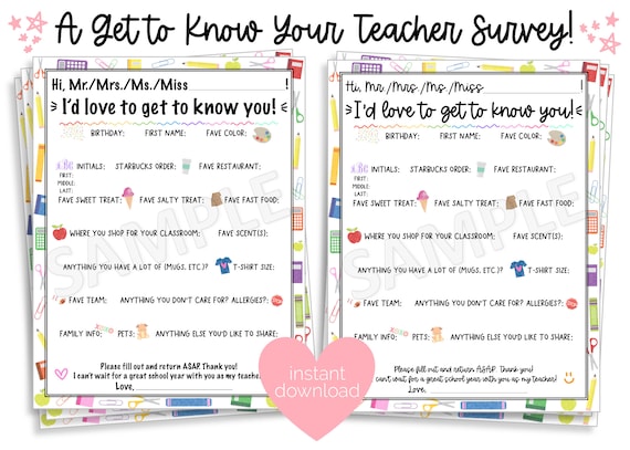 All about teacher printable, all about teacher instant download, teacher survey, get to know my teacher, back to school printable download Il_570xn