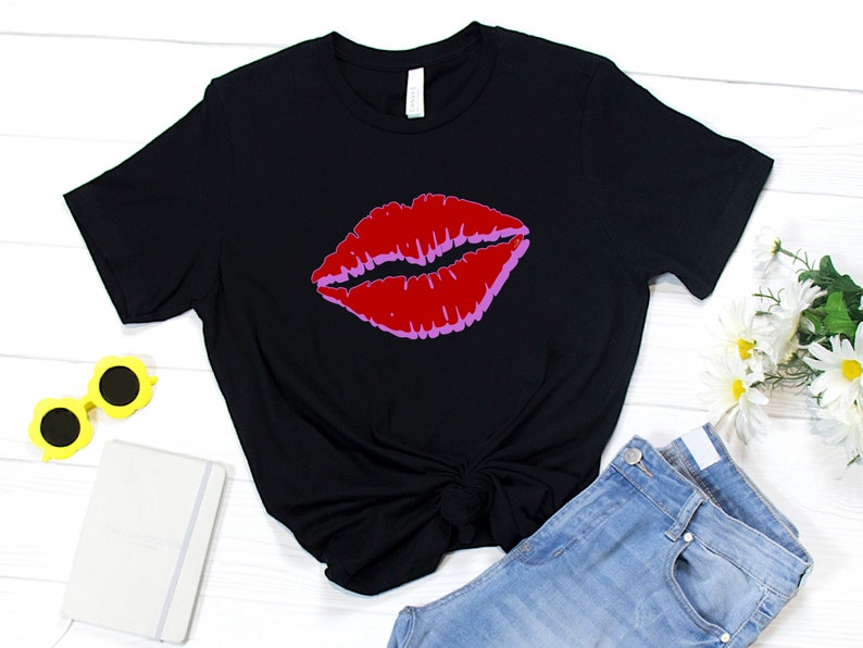 Lips shirt, Valentines shirt, black lips shirt, kiss black shirt, black and red lips shirt, Valentines gift, Valentines Day shirt,Valentines image 1