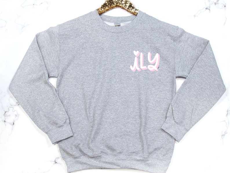 I love you sweatshirt, Valentines sweatshirt, ily sweatshirt, grey white pink sweatshirt, Valentines Day gift for her, love sweatshirt image 2