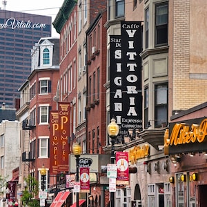 May include: A street scene in a city with a variety of buildings, including a tall building with a sign that says "Joan Vitali.com". There are several signs for businesses, including "Caffe Vittoria", "The Caffe Pompeii", and "Mikers Pub".