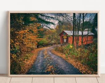 Slaughter House Covered Bridge Art - Autumn Canvas Wall Art  - Covered Bridge Print - Vermont Photography Print - Choose Print or Canvas
