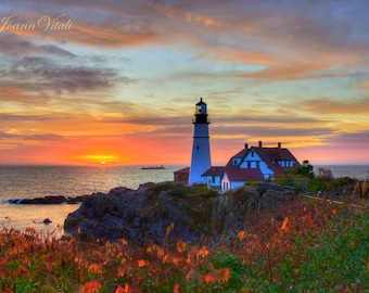 Lighthouse Photo, Maine Photograph, Portland Head Light, Coastal Art, Beach Decor, Seascape Print, Nautical Art, Ocean Sunrise, Cottage Art