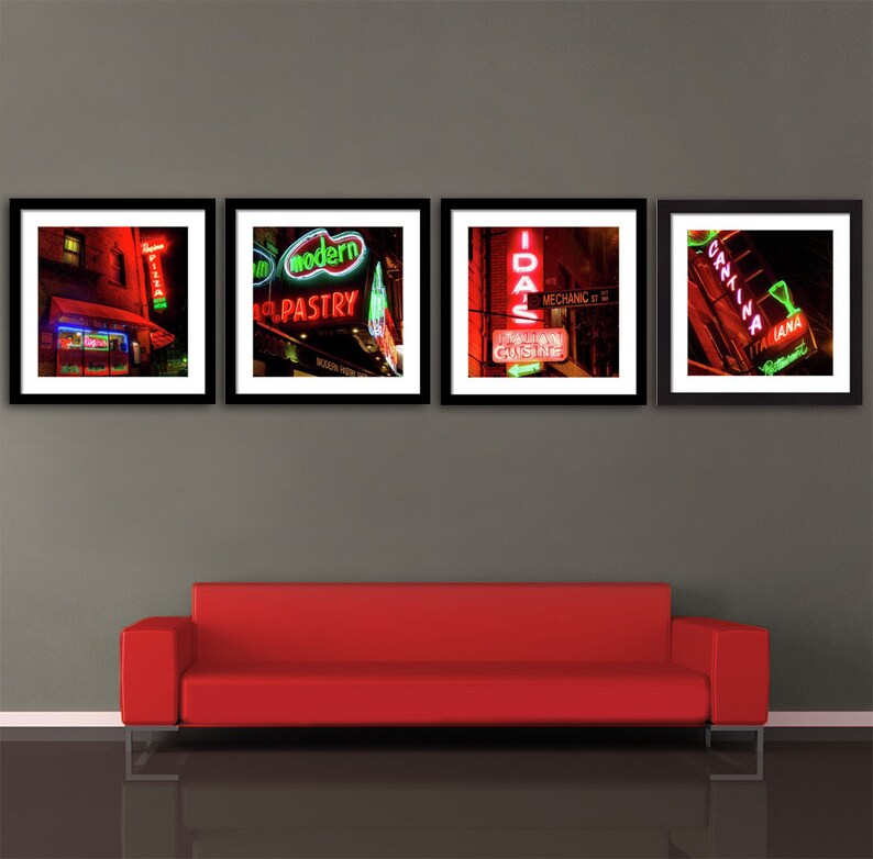 May include: Four framed photographs of neon signs in a city at night. The signs advertise a pastry shop, an Italian restaurant, a restaurant called "Idals", and a restaurant called "Orlina".