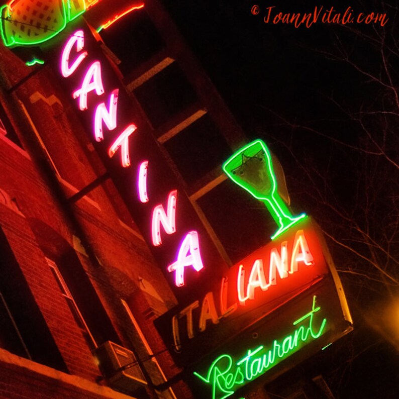 May include: Neon sign for a restaurant called "Cantina Italiana" with a green martini glass graphic. The sign is mounted on a brick building.