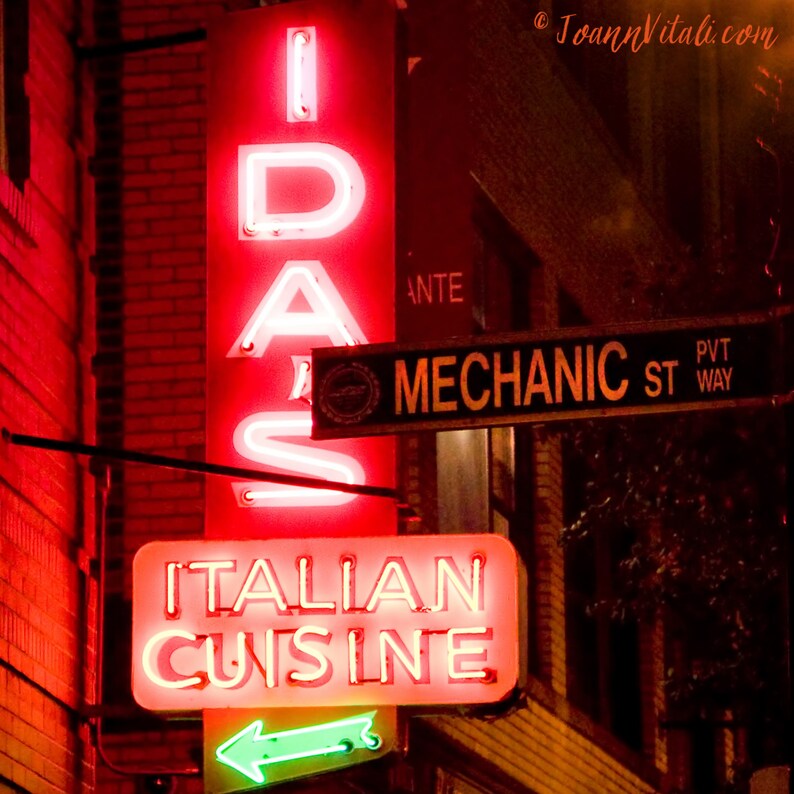 May include: A red neon sign with the word "IDAS" in white letters. Below the sign is a red sign with the words "ITALIAN CUISINE" in white letters. There is a green arrow pointing to the left. The sign is mounted on a brick wall. There is a street sign above the neon sign that reads "MECHANIC ST PVT WAY".