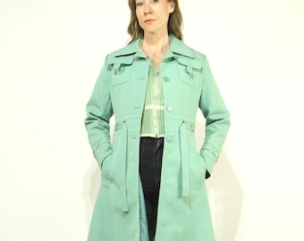 【60s】Euro Vintage Cotton Belted Coat 46 Greta Color Block Belted Wrap Trench Coat | Vivian Seven