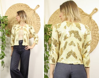 Vintage 90s Iridescent Ivory & Gold Sequin and Silk Cardigan