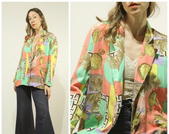 Oversize Small -XL Vintage 1990s French Made Cotton Blazer // 80s/90s Colores de primavera, Patrón estilo Versace