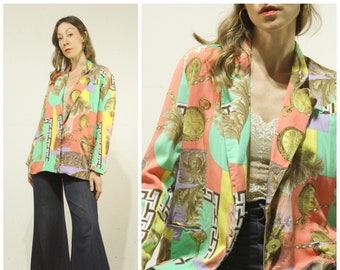 Oversize Small - Blazer en coton fabriqué en France vintage des années 1990, années 80/90, couleurs printanières des années 80/90, motif Style Versace