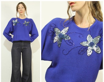 Lg. Vintage 1980s Royal Blue Sequin & Beaded Floral Knit, Statement Sweater Dolman Sleeve