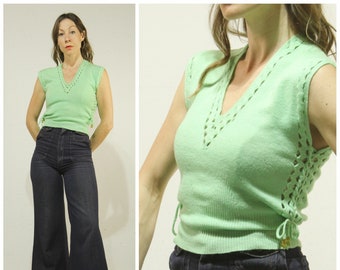 As-Is 1950s/1960s Mint Green Sleeveless Spring Knit Top with Open Crochet Pattern and Tie up Sides