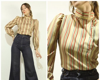 Sm-M. Vintage early 1980s Beige Stripe Blouse with Rare Colour Palette, a Mock Neck, Puff Shoulders and Asymmetrical Button down