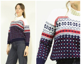 M-Lg. Vintage 1970s Winter Knit Sweater with White, Red & Navy Blue Winter Star Knit Pattern