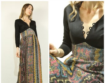 Sm. Vintage 1970s Metallic Psychedelic Maxi Dress with lace up Bust