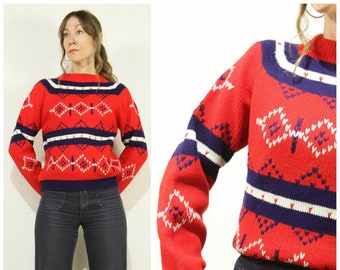 Sm. Vintage 1970s Winter Knit Sweater with Diamond Stripe Pattern in Bright Red, Navy Blue & White