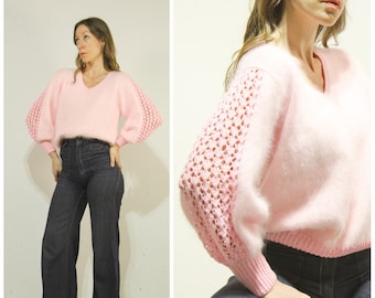 Pull M vintage des années 1980 en angora rose et tricot au crochet