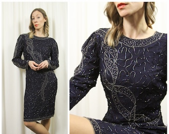 Vintage 1990s Navy Blue Beaded Shift Dress // Silk Midi with long sleeves