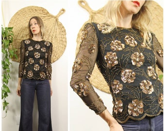 Vintage 90s Silk, Sequin and Beaded Blouse with Scalloped Hemline and Flower Pattern